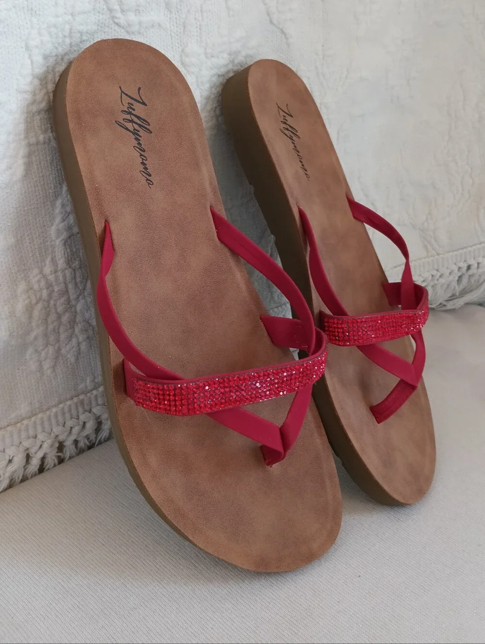 Red Crystal Slide Sandals Soft Suede Flat Strappy Colorful Cute Summer Sparkle 9